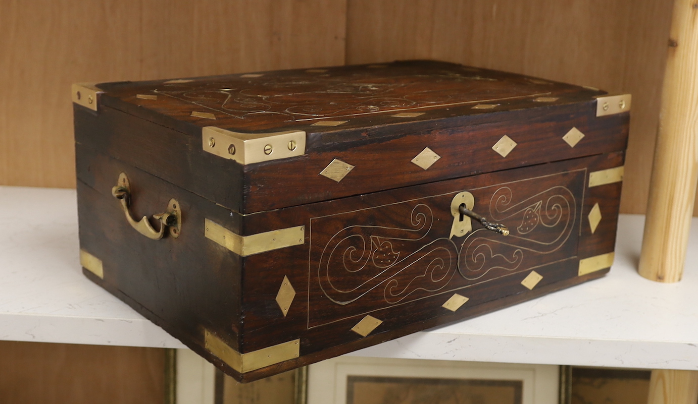 An Indian brass inlaid hardwood box, 41.5cm wide